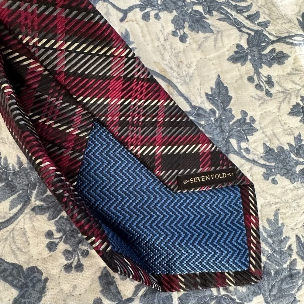 Michelsons Seven Fold Tie Red Black Gray Plaid Silk 58” x 3” Preppy Academic